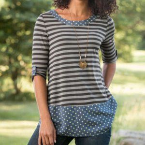 MATILDA JANE Let's Get Lost grey blue polka dot stripe tab sleeve tunic top